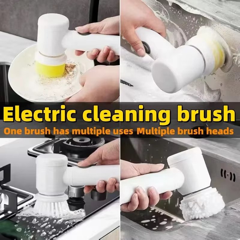 Brosse de nettoyage électrique 5-en-1 avec plusieurs têtes interchangeables pour nettoyer facilement la baignoire, le lavabo, l'évier, les toilettes, les vitres et autres surfaces de la maison. Sans fil et facile à utiliser.